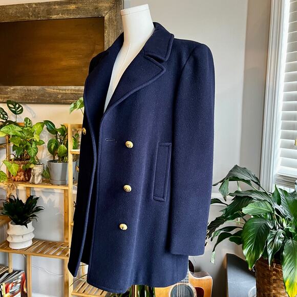 Vintage 80s Navy Blue Italian Wool Double Breasted Preppy Pea Coat Size Medium - Picture 4 of 12